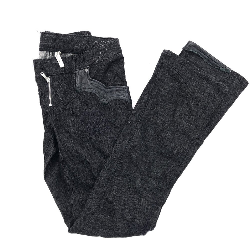 Denim Lab Black Leather Embroidery Skinny Ultra Low Rise Jeans